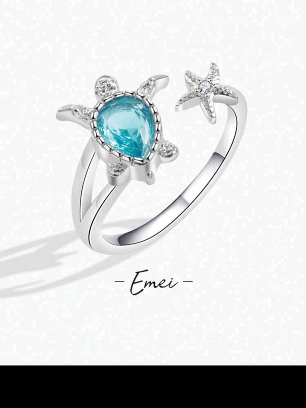 Silver Sea Turtle Ring with Blue Teardrop Stone